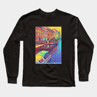 Boat river and city landscape Long Sleeve T-Shirt